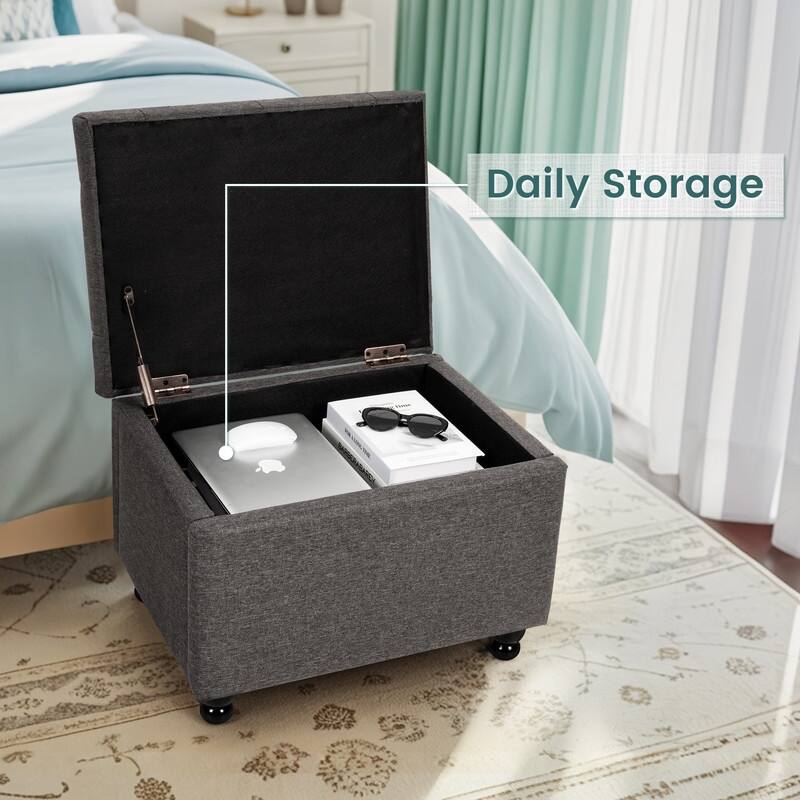 24" Faux Linen Rectangle Storage Ottoman, Shoe Stool for Entryway