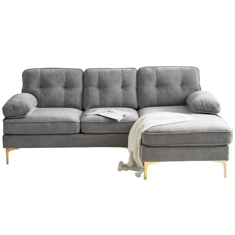 Velvet Sectional Sofas Couches with Pillow Top Arms and Upholstered Backrest, Modern L-Shaped Couches with Metal Legs