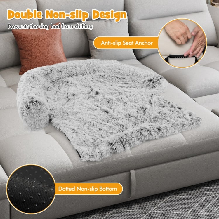 White-Grey Plush Calming Dog Couch Bed with Anti-Slip Bottom
