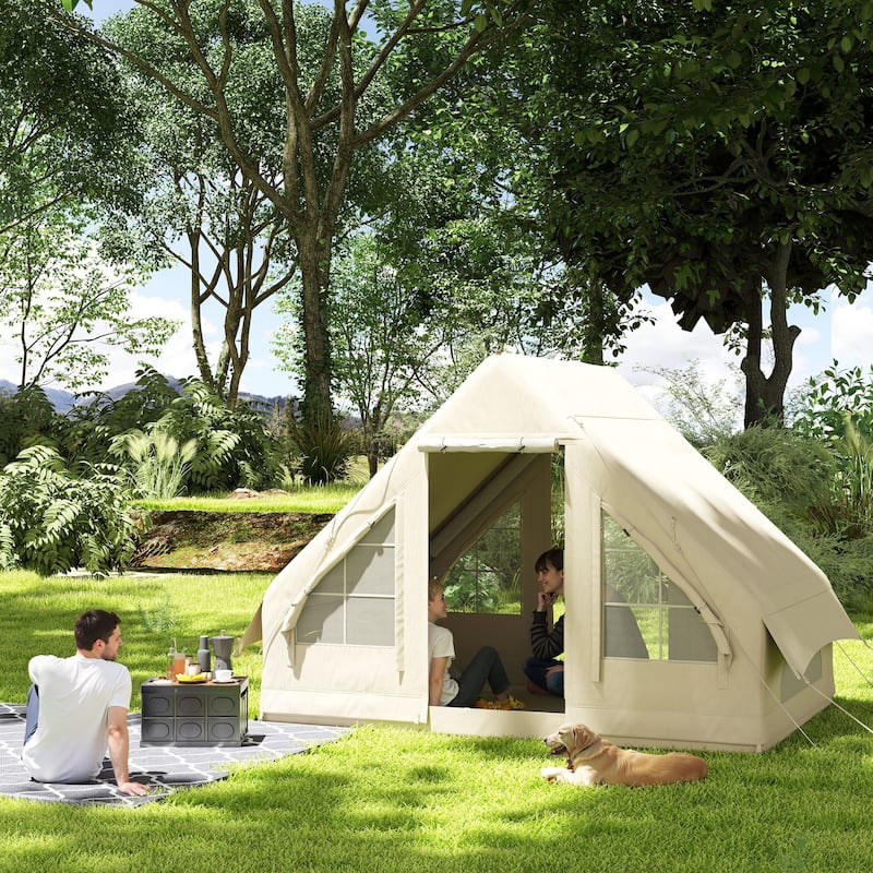 Sand Oxford Fabric Inflatable Camping Tent with Pump and Carry Bag - 118.1" L x 78.7" W x 78.7" H