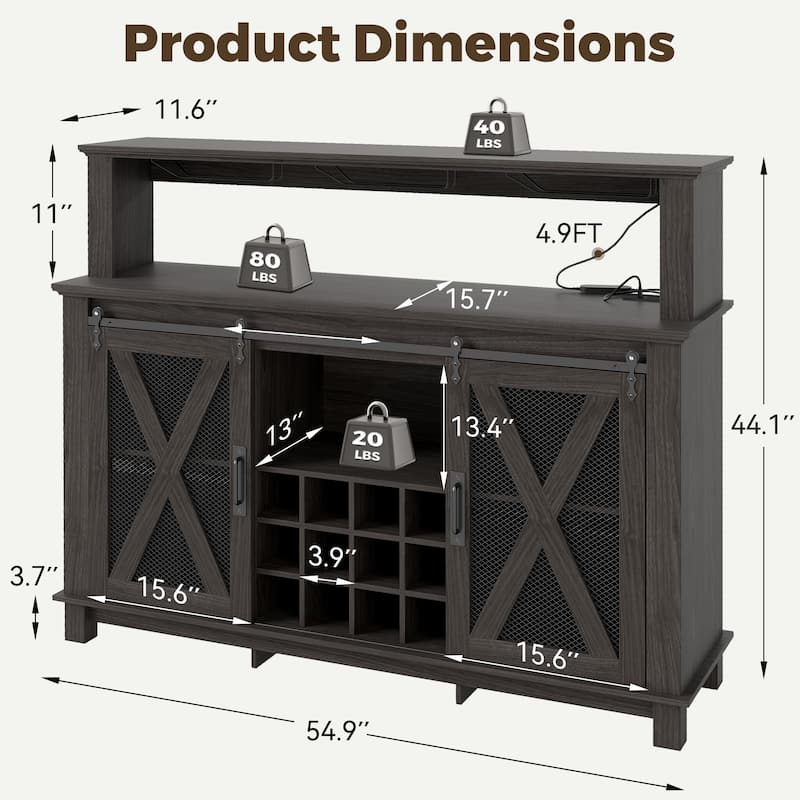 EROMMY Farmhouse Coffee Bar Cabinet with LED Lights, Sliding Barn Door, Wine Racks and Glass Holder, Home Liquor Cabinet