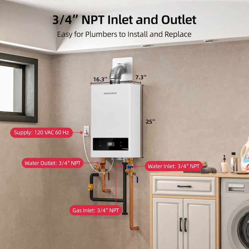 Mizudo Comfortech Classic Instant Hot Gas Tankless Water Heater, Up to 7.5 GPM, Indoor Installation, CSA Certified, White