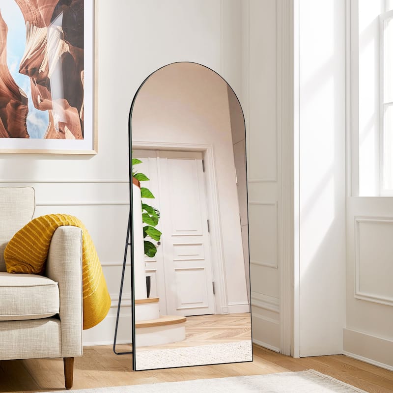 Arched Floor Mirror With Stand,Wood Frame Full Length Mirror,Wall-Mounted Mirror