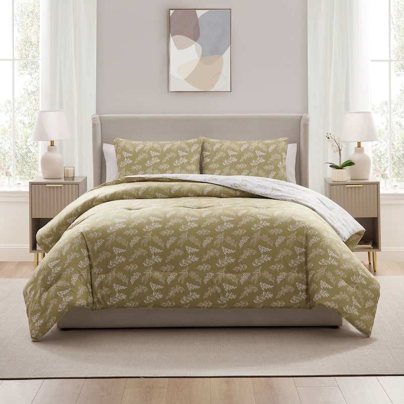 Empyrean 3PC Reversible Botanical Printed Comforter Bedding Set - Olive Grove - Queen