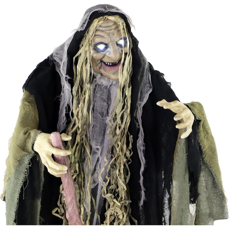 Haunted Hill Farm 5.7-Ft. Life-Size Talking Animatronic Witch with White Eyes