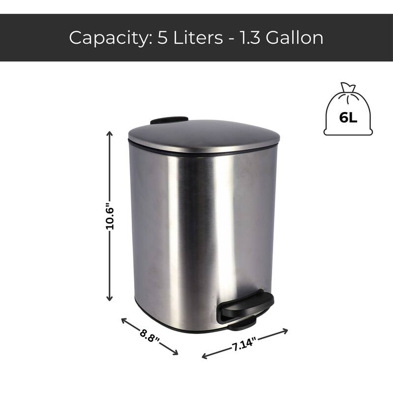 Stylish Metal Trash Can with Silent Soft Close Lid 5L - 1.3 Gal Foot Pedal - 1.3 Gallons