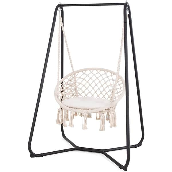 slide 2 of 8, Patio Swing Chair with Stand and Cushion, Heavy Duty Hanging Chair with Stand, 330 lbs Capacity, Patent Pending, Beige 42.5"L x 31"W