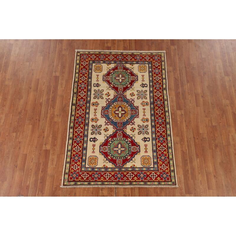 Kazak Area Rug Hand-Knotted Oriental Beige Wool Carpet - 4'0" x 6'0"