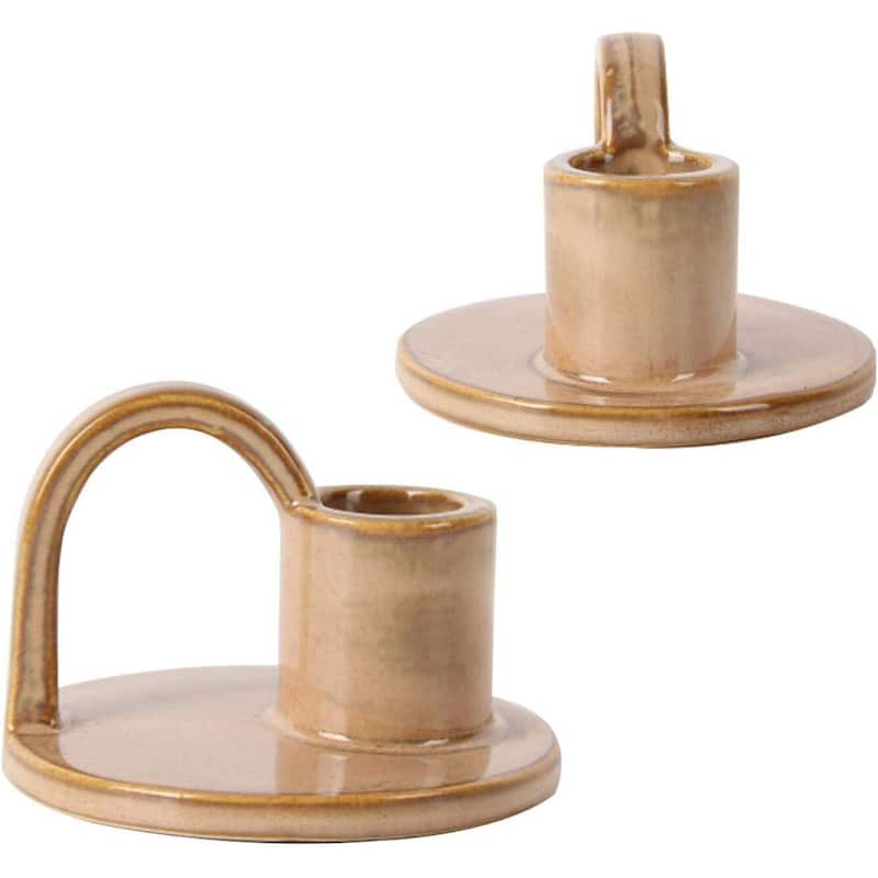 Tan Set of Two Elise Short Ceramic Candlesticks Rustic Home Decor