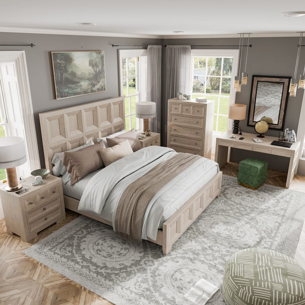 Furniture of America Durem Modern Classic 4-Piece Solid Wood Tawny Panel Bedroom Set with Desk