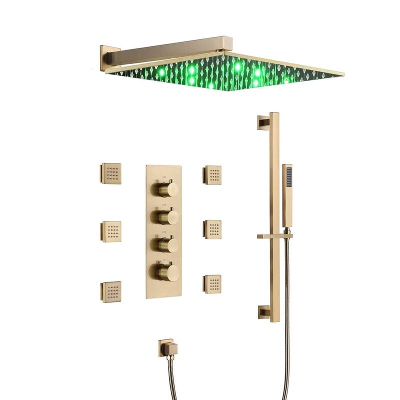 16" LED Wall Mount Rainfall 3 Way Thermostatic Shower System with Slide Bar, 6 Jets