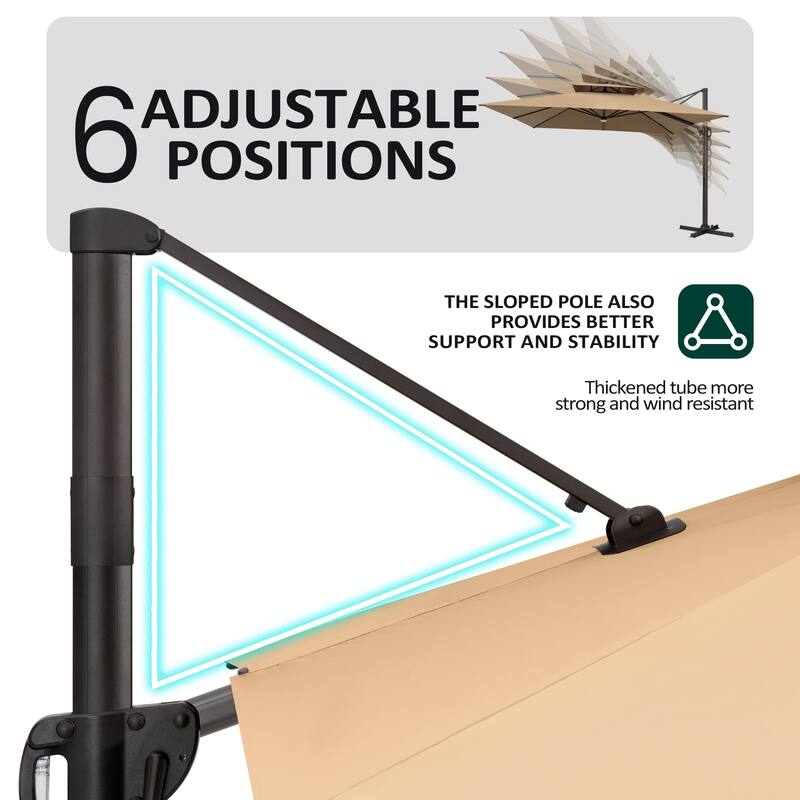 11 FT Square Outdoor Patio Cantilever Umbrella with Solar Lights Wheeled Base Double Canopy 360 Rotation Tilt