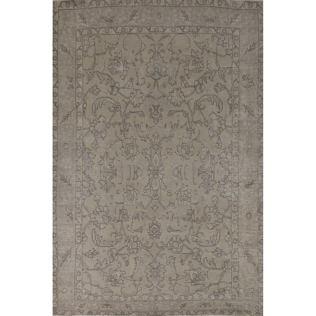 Distressed Beige Tabriz Persian Vintage Rug Handmade Wool Carpet - 6'6"x 9'7"