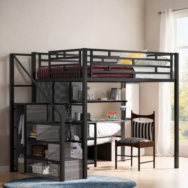 slide 2 of 12, Full Size Metal Loft Bed with Wardrobe, Desk, Storage Shelves, Black Black