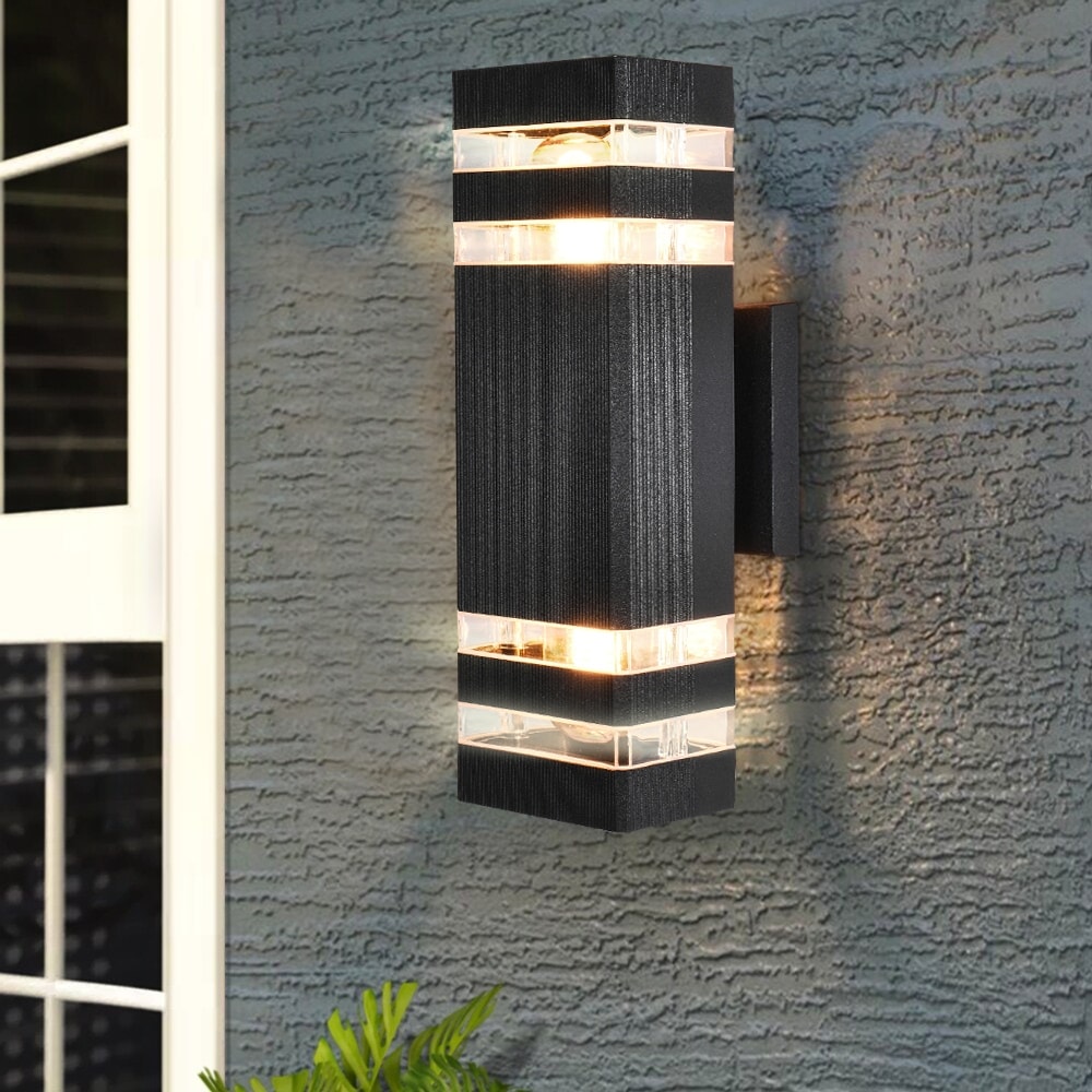 2 Pack 12 in. 2 Light Mid Century Modern Black Square Outdoor Waterproof Lantern Wall Sconces 4.33 in. W x 12.09 in. H Bed Bath Beyond 39167716