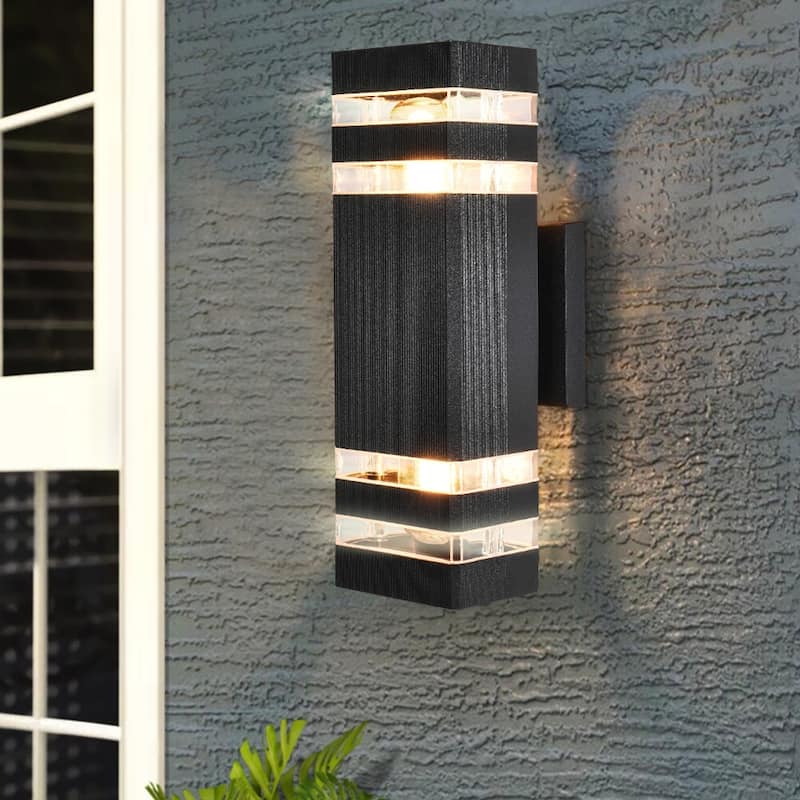 2 Pack 12 in. 2-Light Mid-Century Modern Black Square Outdoor Waterproof Lantern Wall Sconces - 4.33 in. W x 12.09 in. H