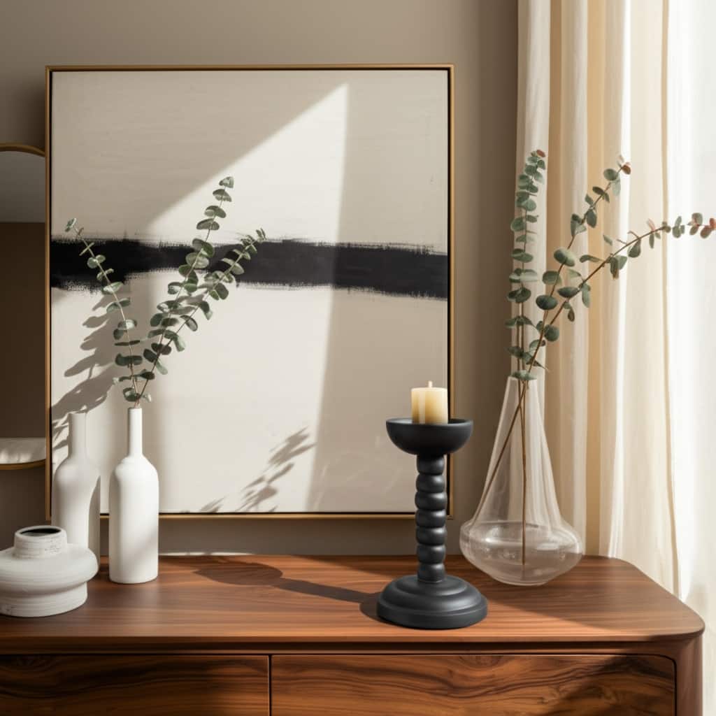 Wood Candle Holder Sculpted Round Base and Turned Detailing Accent