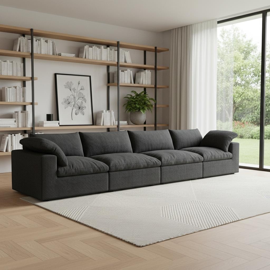 HomeRoots 160" Black Linen Blend Modular Sofa With Toss Pillows