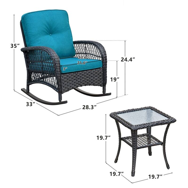3Pcs Outdoor Patio Wicker Rocking Porch Chair with Waterproof Cushions