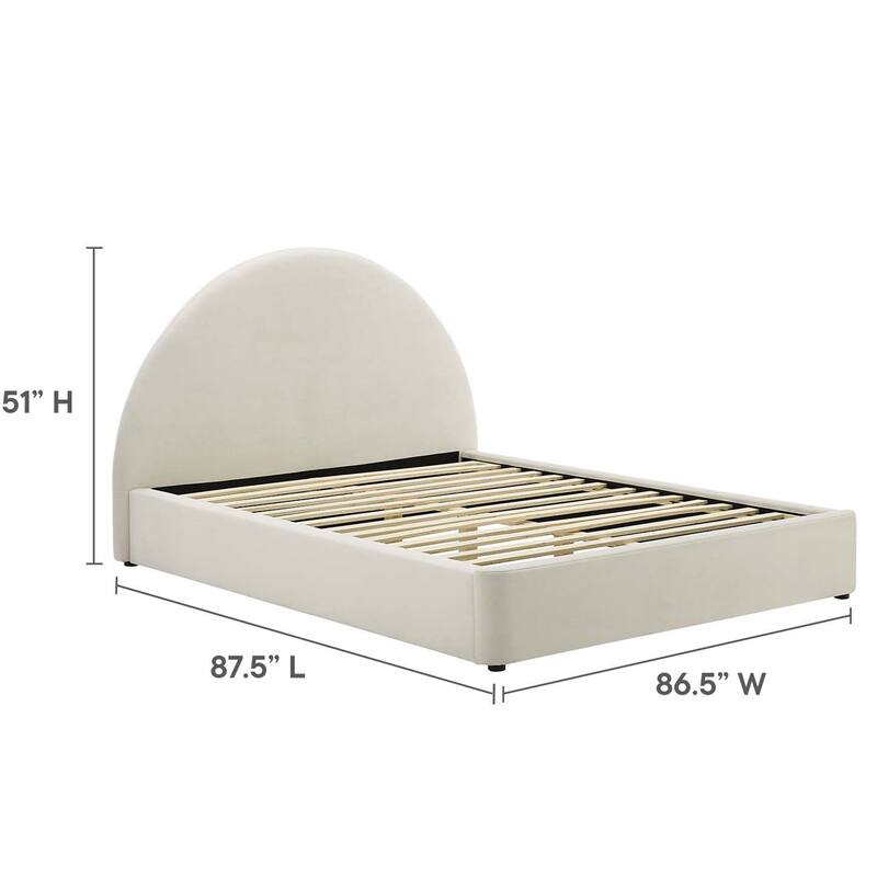 Palmetto Modern Round Headboard Off-white Velvet Upholstered King Size Platform Bed