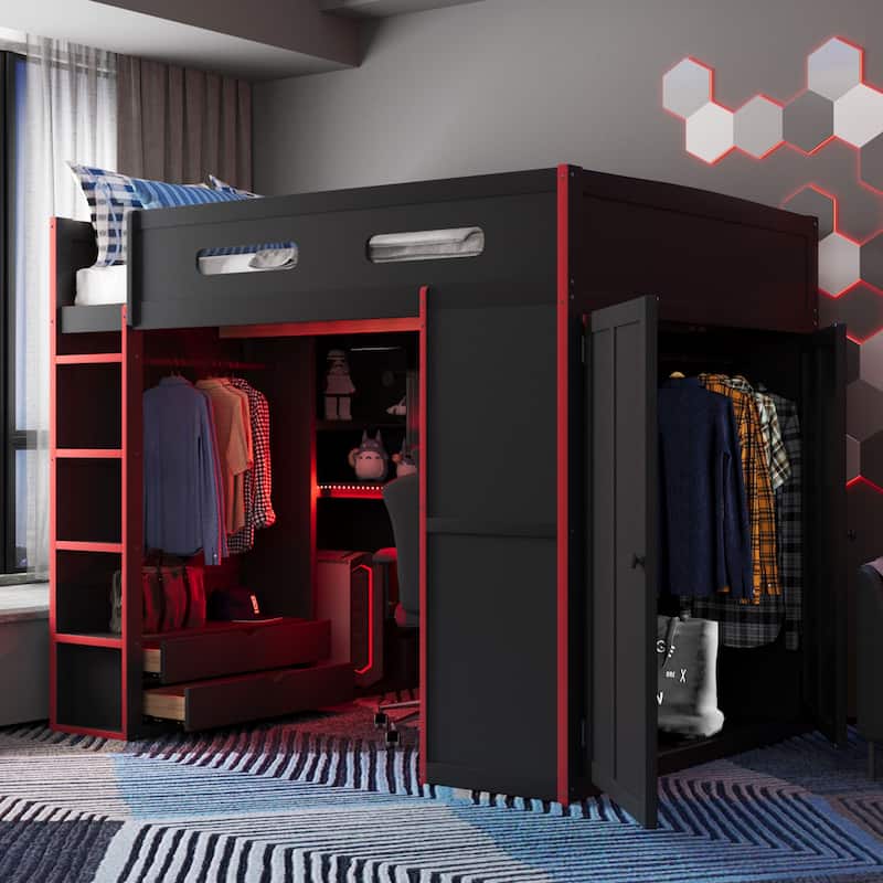 Full Size Wood Loft Bed with Desk & Wardrobe - Ample Storage and RGB Light