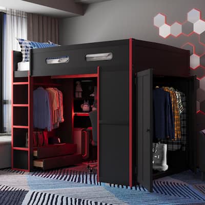 Gamer Full Size Loft Bed with Built-in Desk, RGB Light Strip, Storage Shelves, Hanging Rod and Side Wardrobe for Esports Gaming