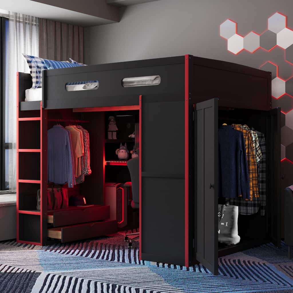 Gamer Full Size Loft Bed with Built-in Desk, RGB Light Strip, Storage Shelves, Hanging Rod and Side Wardrobe for Esports Gaming