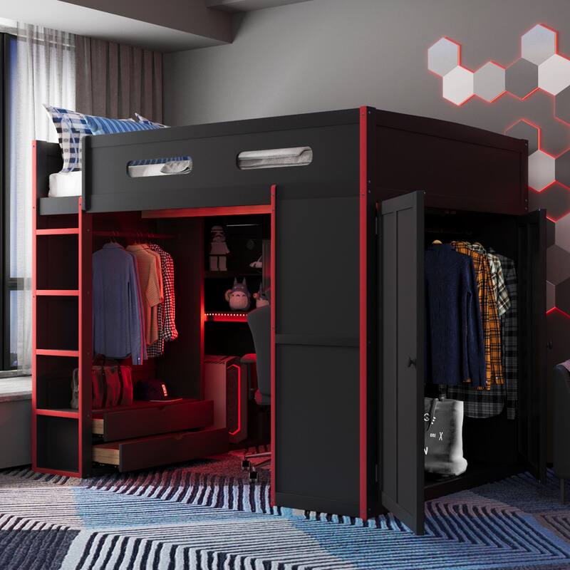 Wooden Full Size Loft Bed, LED Gaming Loft Bed Frame with Built In Desk, Full Size High Loft Bed Frame with Wardrobe and Drawers - Red - Full
