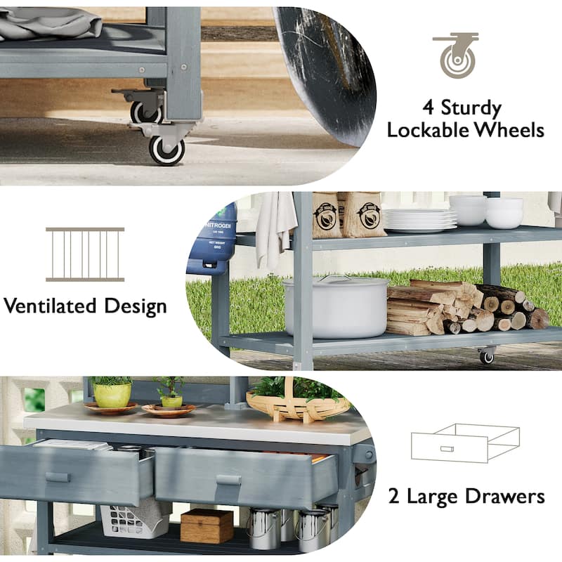 Outdoor Potting Bench Table with Lockable Wheels Solid Wood Kitchen Island and Stainless Steel Top