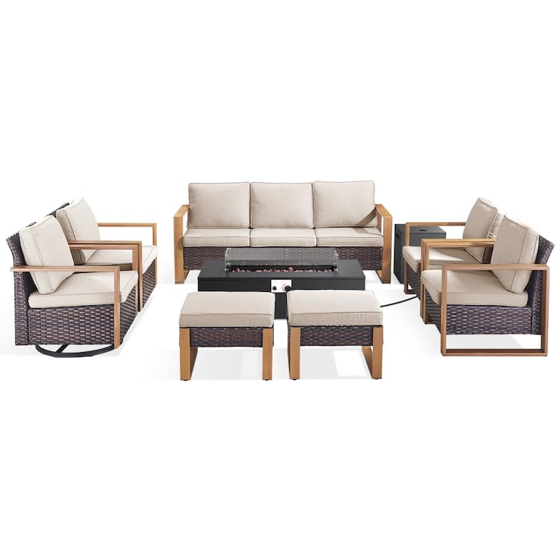 Meyreso Wicker Outdoor Patio Fire Pit Set with Swivel Gliders and 4.5-Inch Olefin Cushions