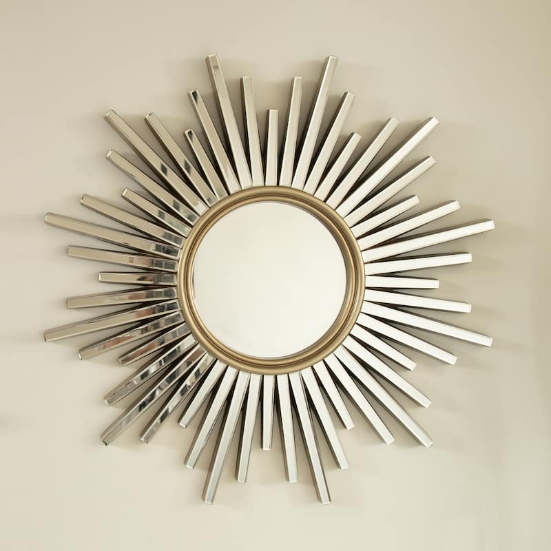 33" Gemme Mirror, Luxury Style PU Sunburst-shaped Art Decorative Mirror, Suitable for Bathroom, Bedroom, Living Room - Silver