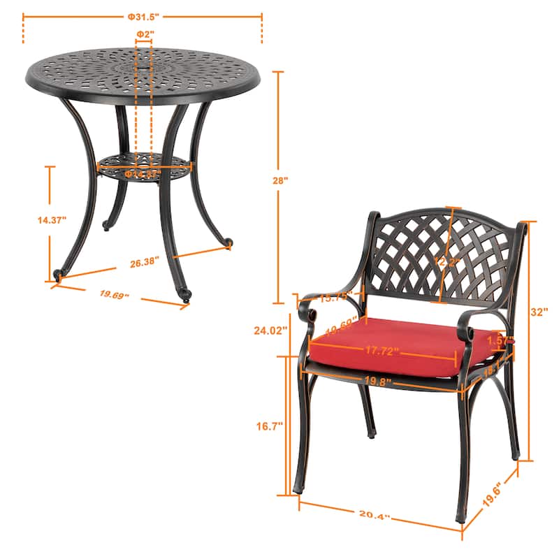Outdoor 2-Person Cast Aluminum Bistro Set with Umbrella Hole