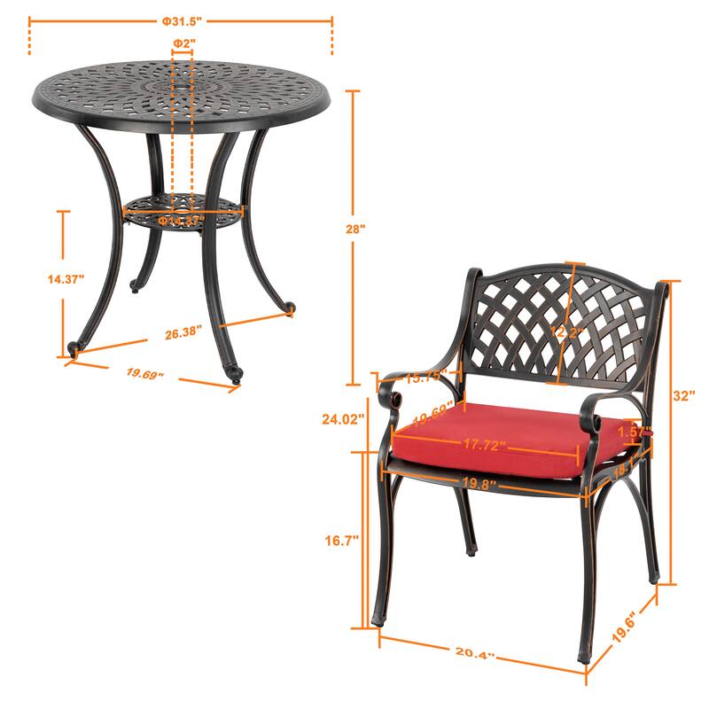 Outdoor 2-Person Cast Aluminum Bistro Set with Umbrella Hole