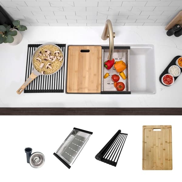 slide 2 of 18, STYLISH 28 inch Composite Granite Workstation Dual Mount Kitchen Sink - 28" x 18" x 9.5" White
