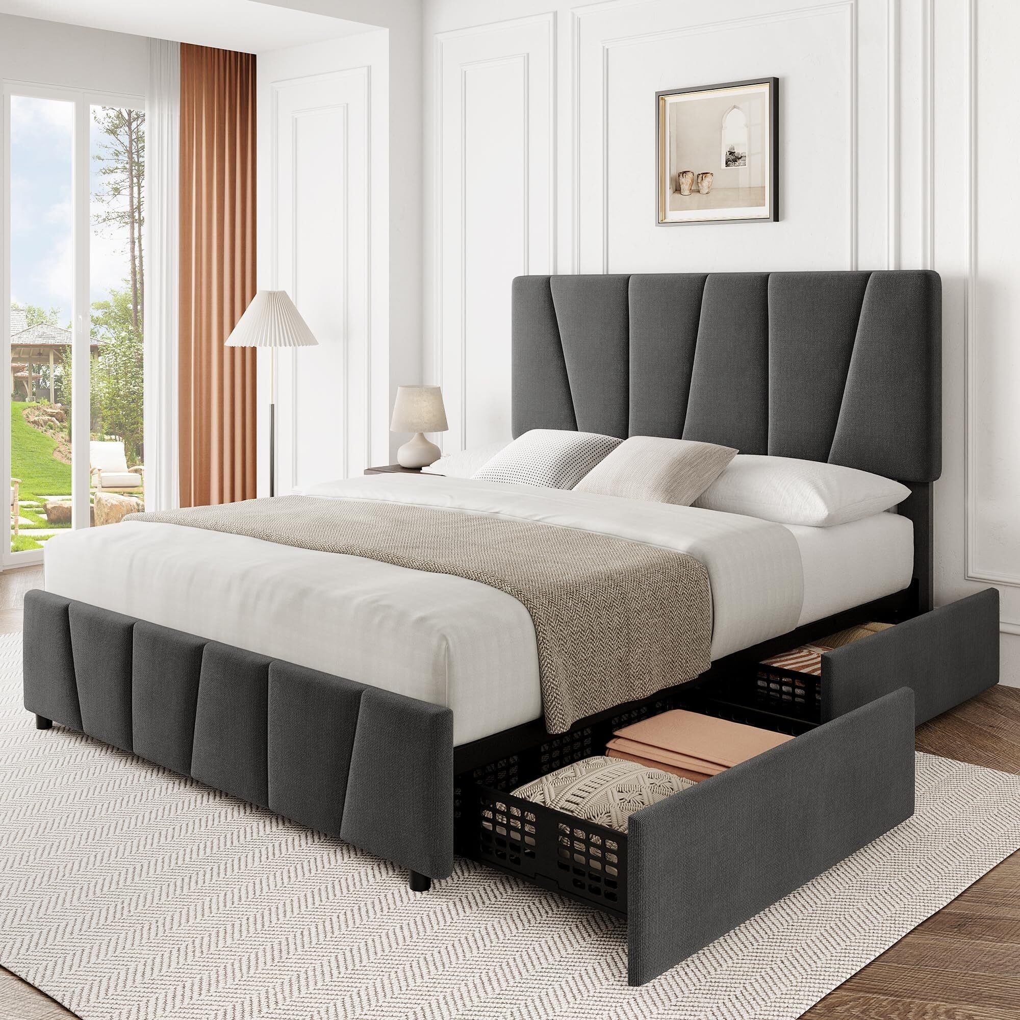 Upholstered Platform Bed Frame with 4 Storage Drawers