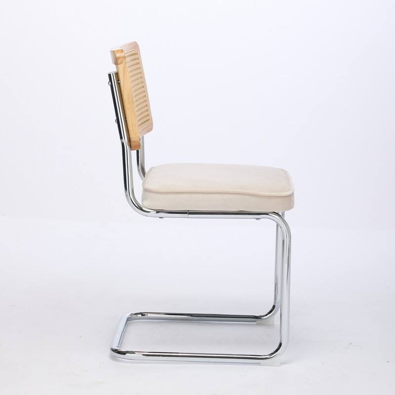 Mid Century Modern Dining Chairs Set of 2, Natural Cane Back & Stainless Chrome Base, Upholstered Rattan Kitchen Chairs