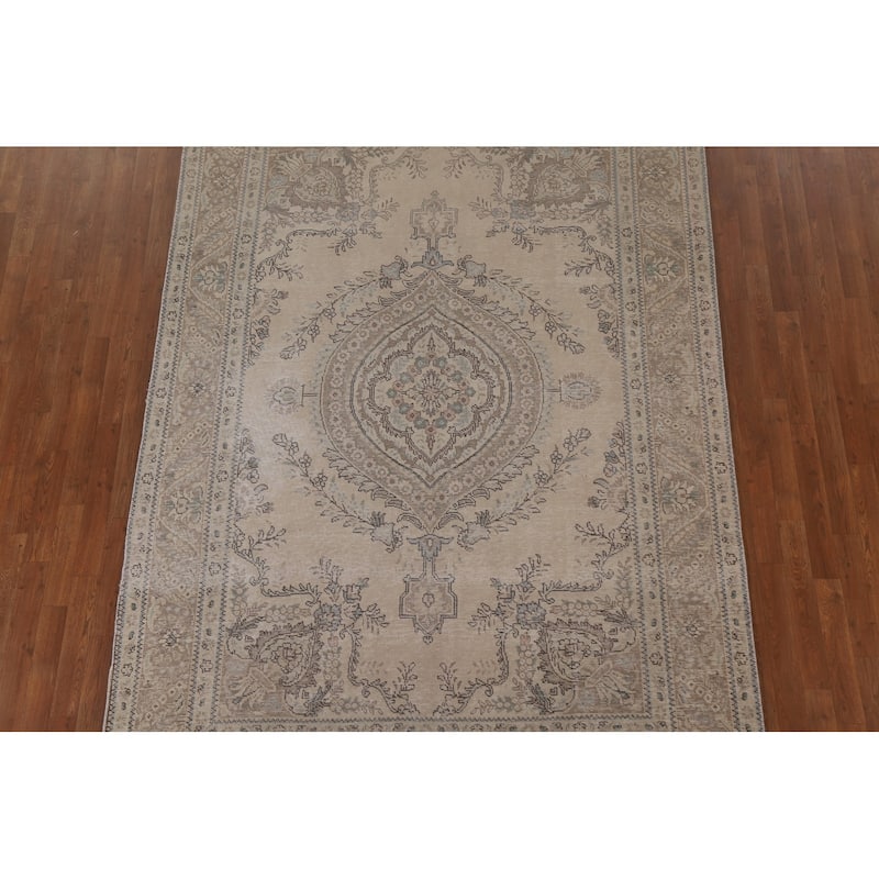 Distressed Tabriz Persian Vintage Area Rug Handmade Beige Wool Carpet - 6'7" x 9'4"