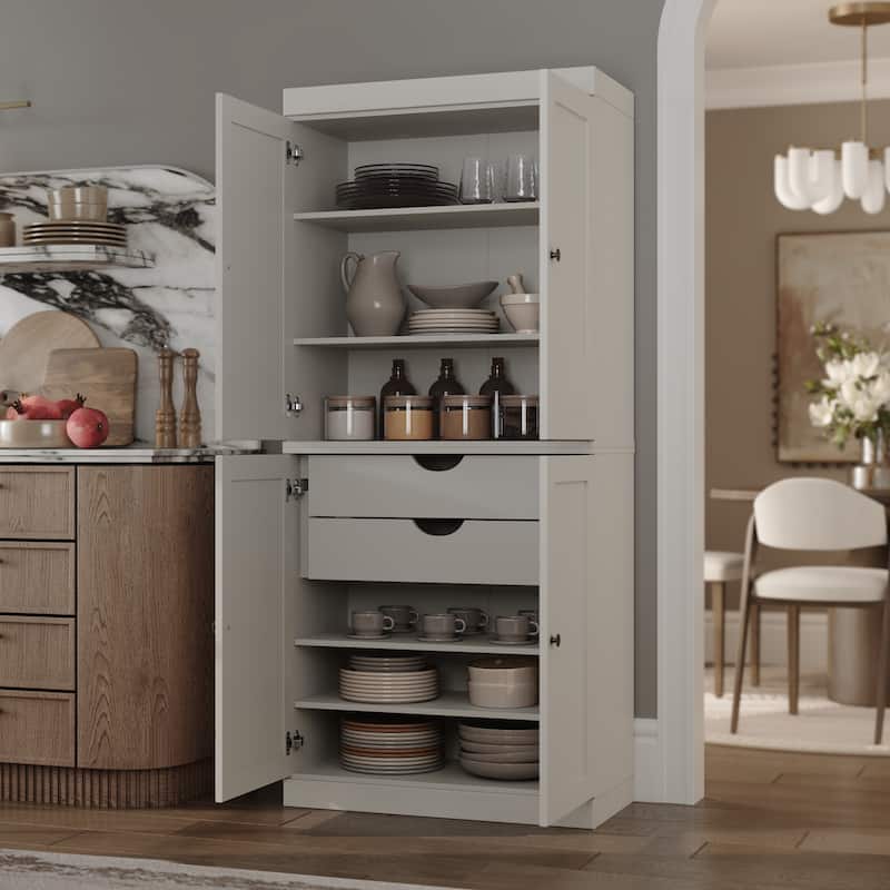 Solid Wood Tall Freestanding Kitchen Pantry Cabinet with Doors & 2 Drawers, Adjustable Shelves, Modular Storage, 32" W x 71.5" H - Off White