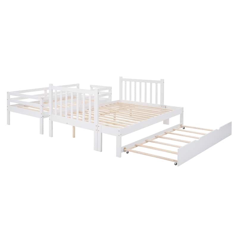Twin Over Full Bunk Bed with Trundle and Storage Stairs Solid Pine Wood Frame