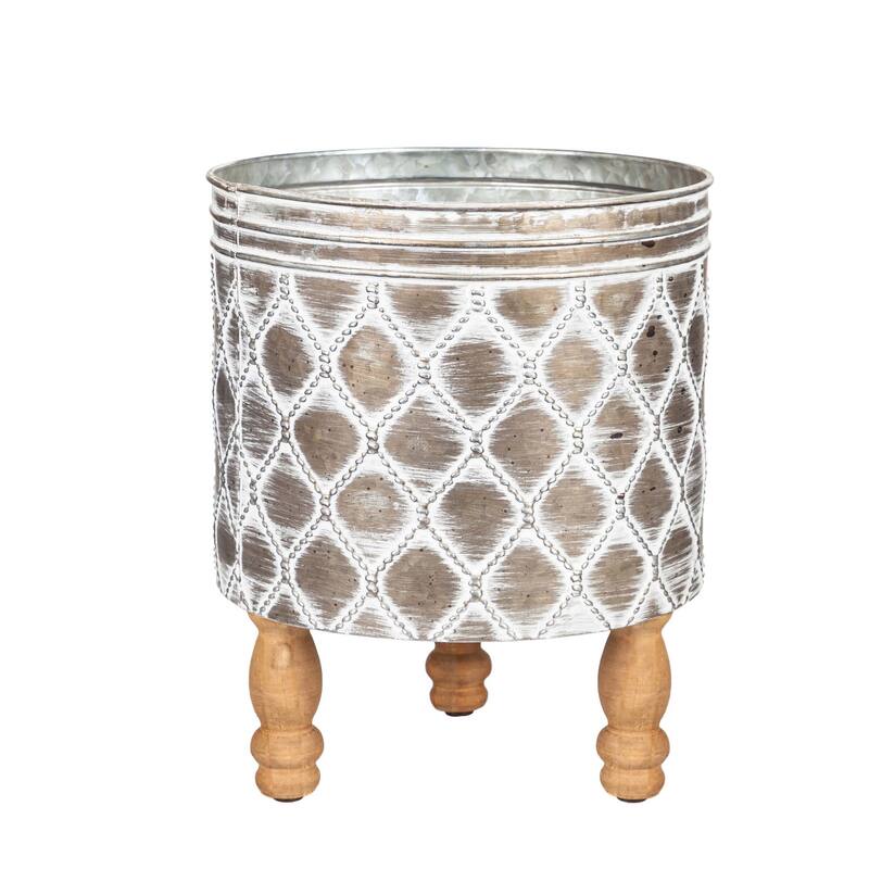 Embossed Metal Planter with Wood Legs, (Set of 2)