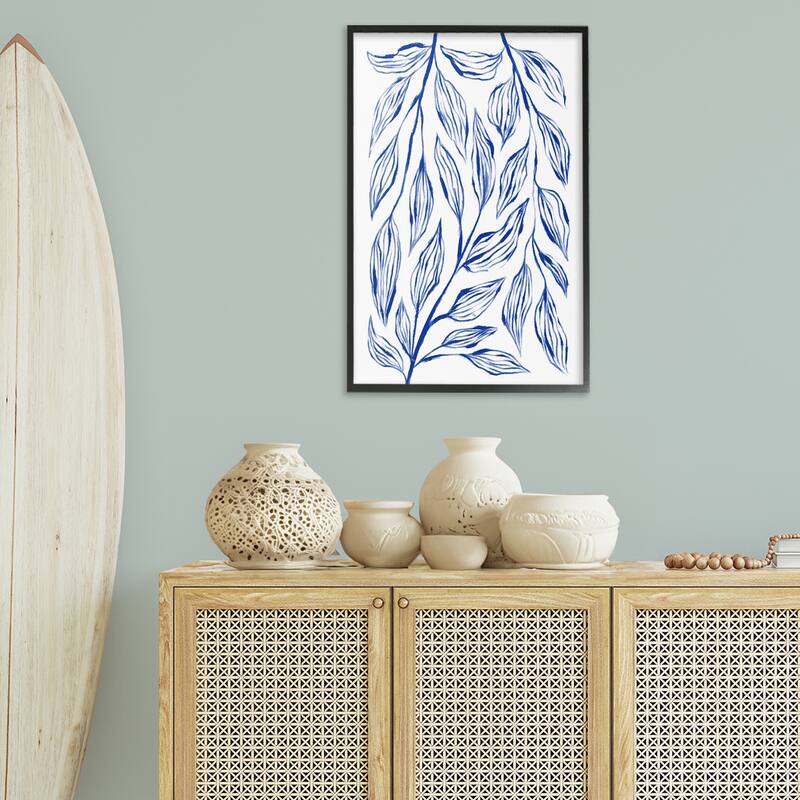 Stupell Simple Blue Leaves on White Framed Giclee Art Design By Martina Pavlova