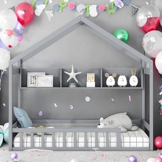Twin Size House Bed with Roof and Storage Shelf