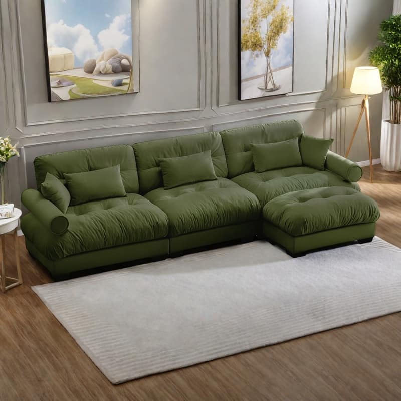 130" 3-Seat Velvet Oversized Modular Sectional Sofa with Movable Ottoman, Bolstered Armrests, and Cloud Cushions