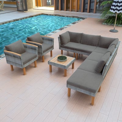 9-Piece Patio Rattan Furniture Set, Outdoor Conversation Set With Acacia Wood Legs and Tabletop, PE Rattan Sectional Sofa Set