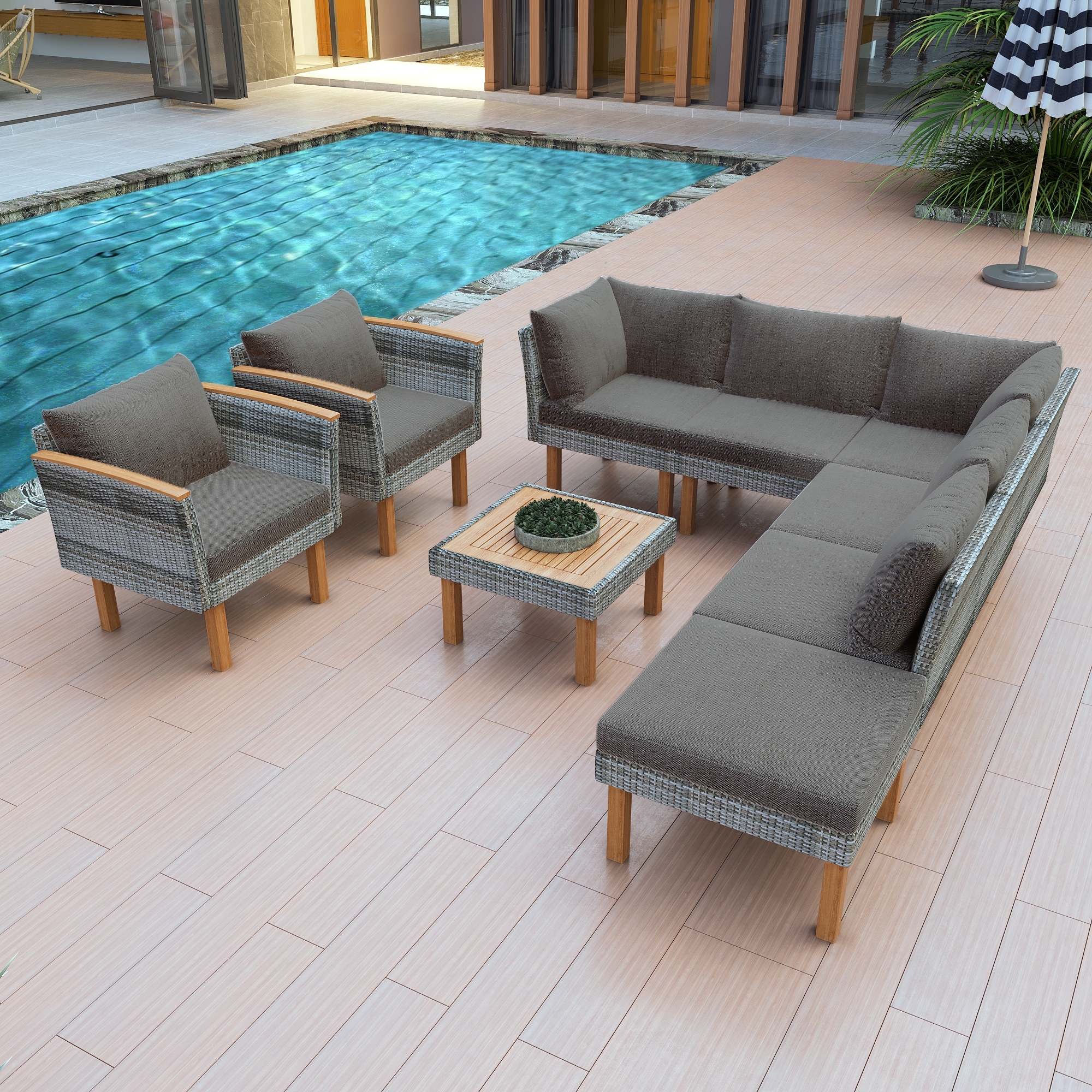 Roomfitters 9-Piece Outdoor Patio Furniture Set with Gray Rattan Sectional Sofa, 2 Armchairs and Wood Top Coffee Table, Gray