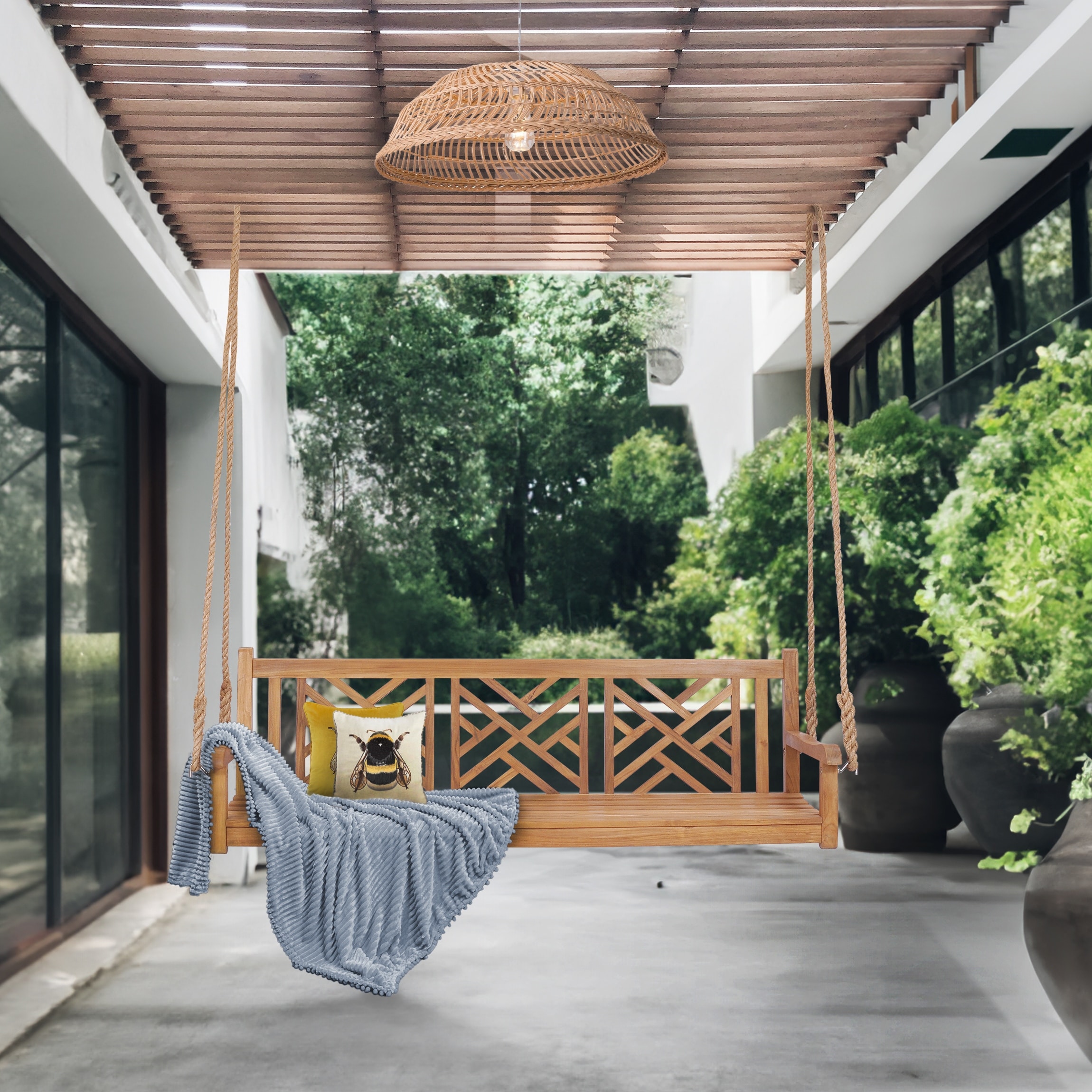 Chic Teak Chippendale Teak Wood Triple Porch Swing, 72 inch