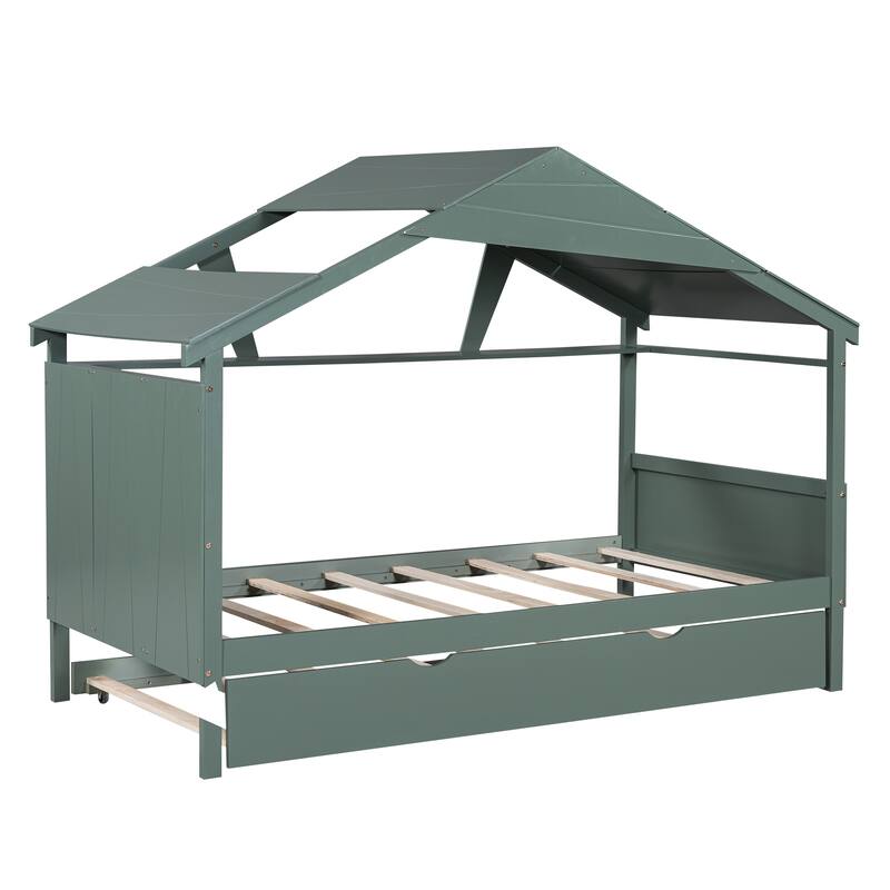 Houseshaped Daybed with Trundle Bed, Storage Side Shelf, Roof Bed