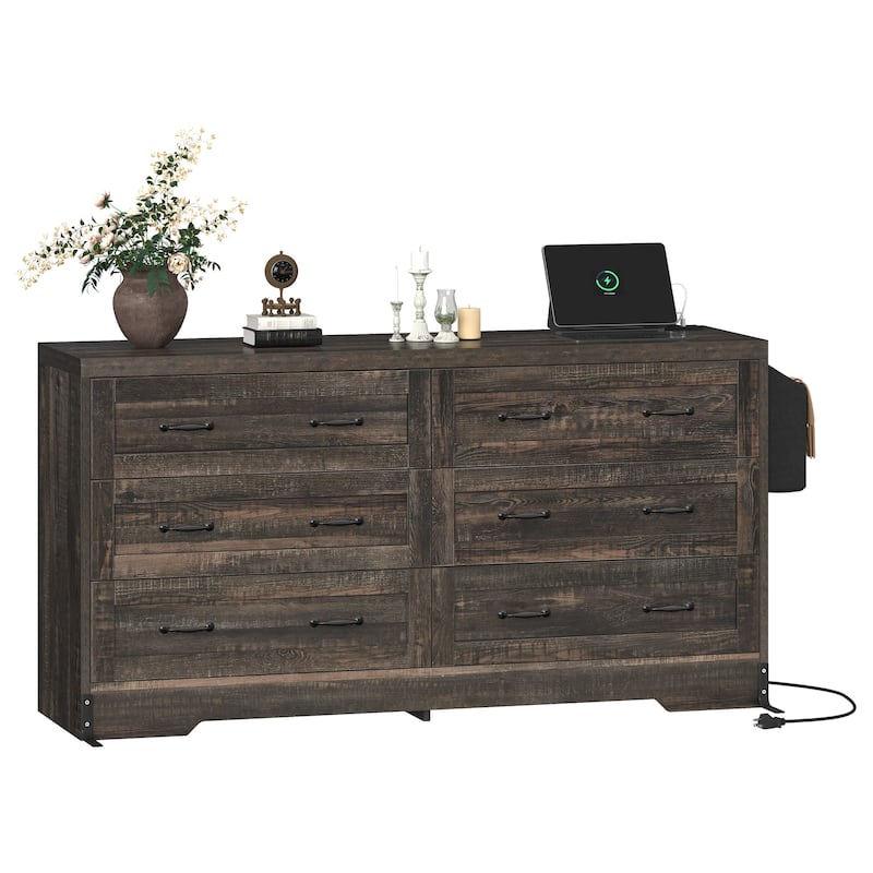 Vintage 6 Drawers Double Dresser Chest of Drawers with Charging Station