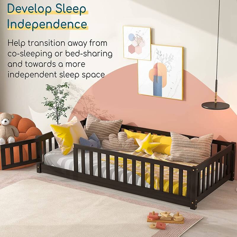 Twin/Full/Queen Size Floor Bed with Safety Guardrails, Toddler Floor Bed for Girls and Boys