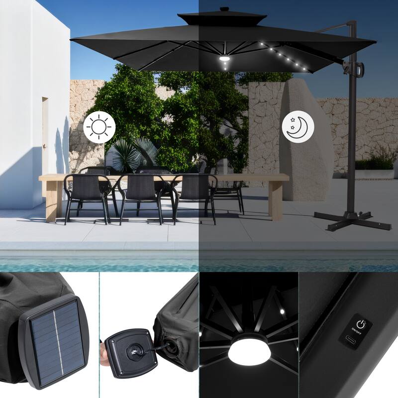 VredHom 9 x 11ft Outdoor Rectangular Dual Top Cantilever Patio Umbrella LED Light with Wheel Base
